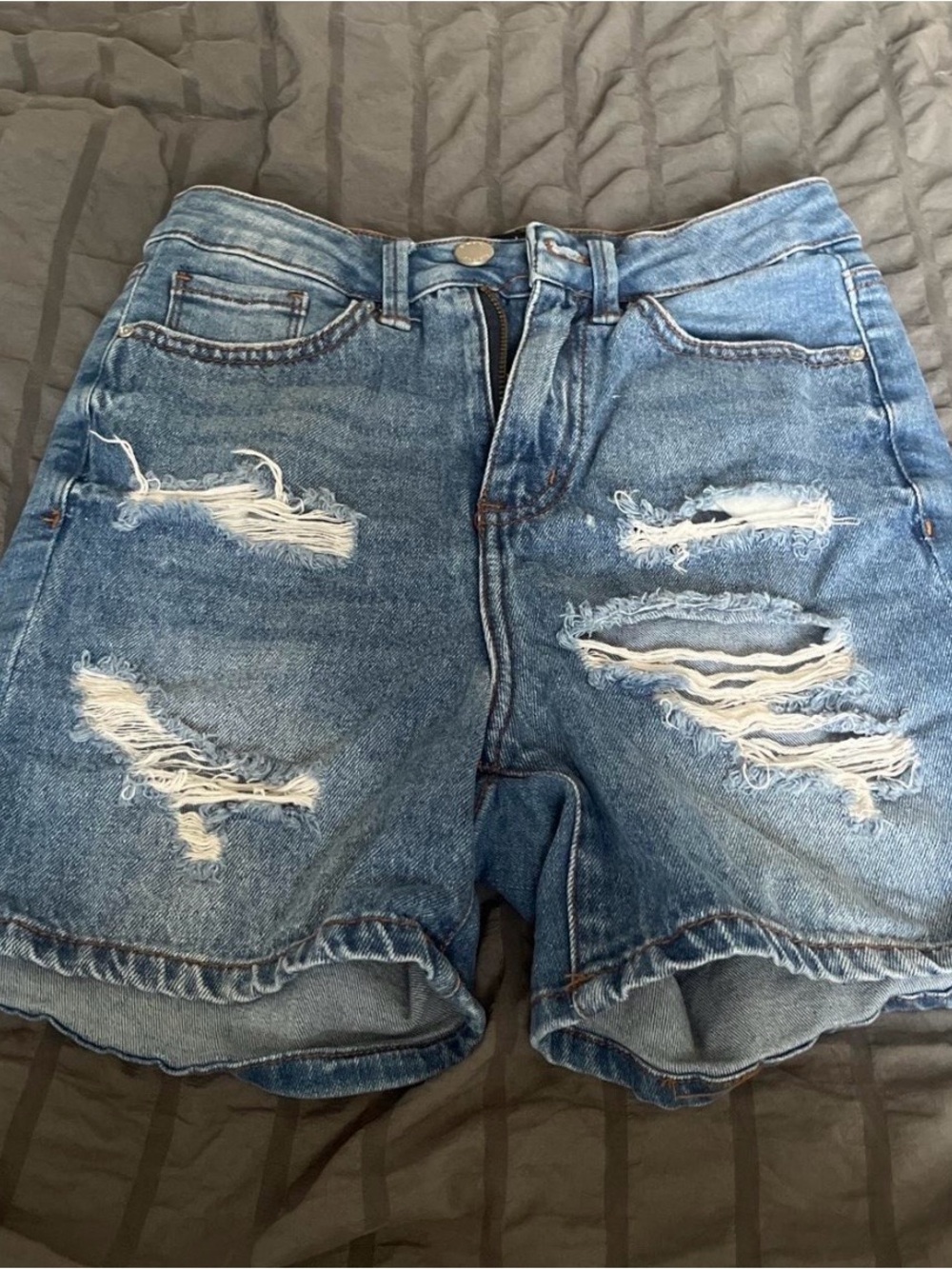 High-Rise Distressed Denim Jean Shorts - Blue
